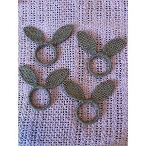 Set Of 8 Easter BUNNY EARS Napkin Rings Burlap Fabric Natural Jute Tan In Box